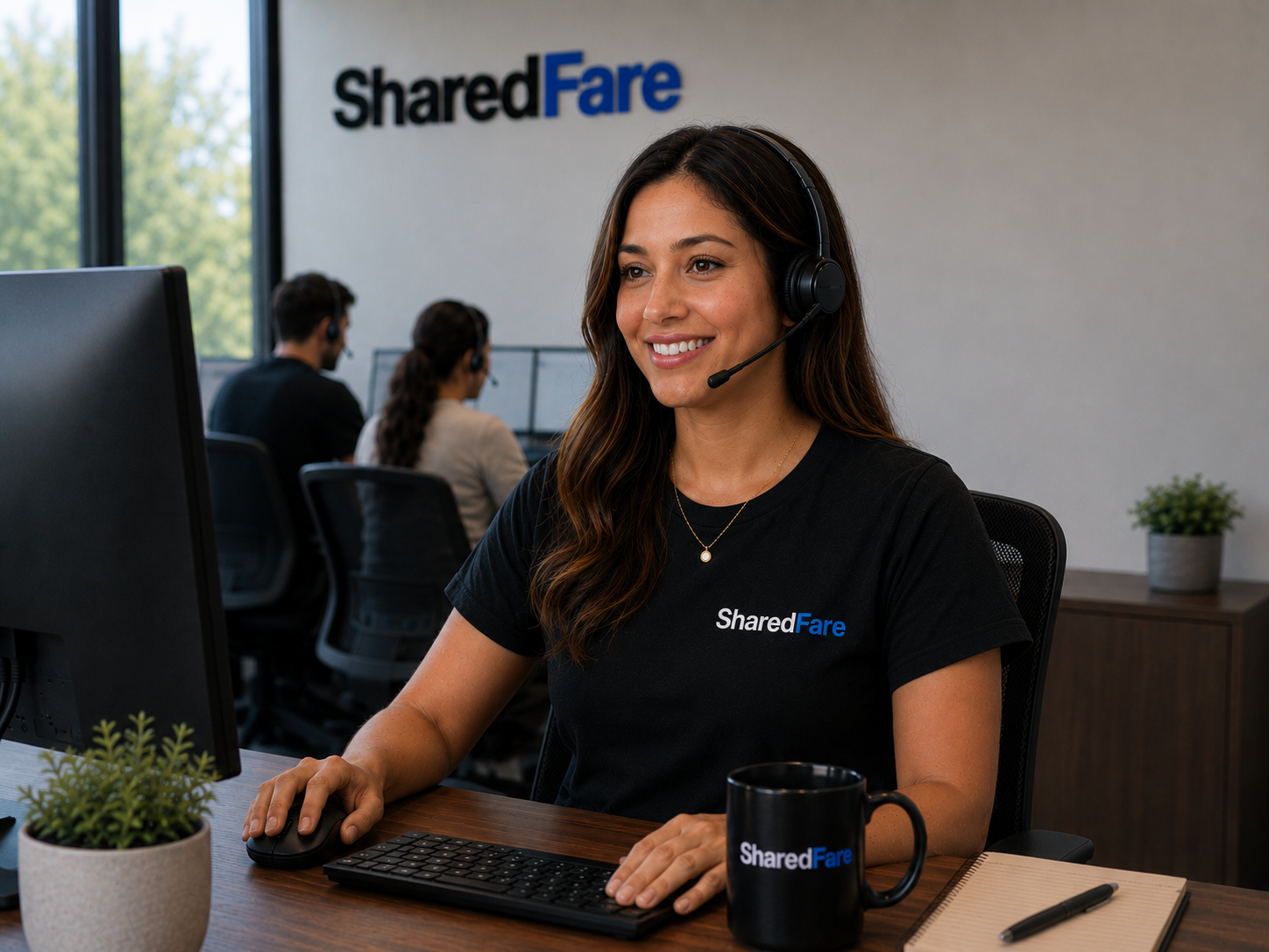 A SharedFare support specialist on a headset at her desk